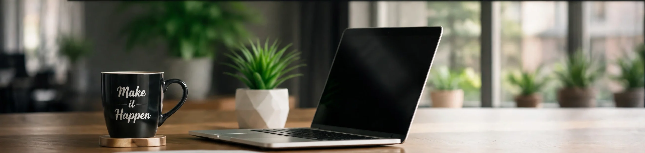 Make It Happen coffee mug on wooden desk with open laptop and green plants in modern home office